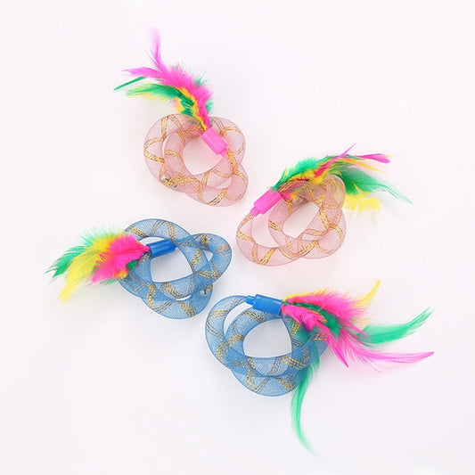 JMT-603722 Cat Toy Thread Tube with Feather - Flexible Hose, Set of 2, Pink & Blue, 19cm Long