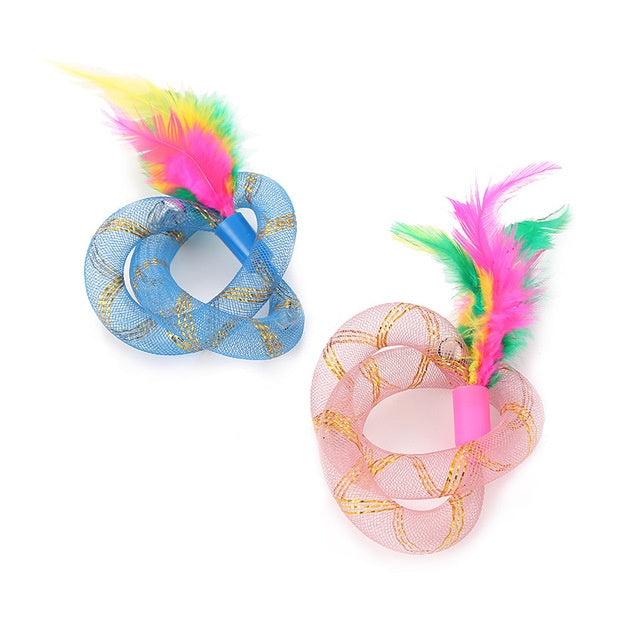 JMT-603722 Cat Toy Thread Tube with Feather - Flexible Hose, Set of 2, Pink & Blue, 19cm Long