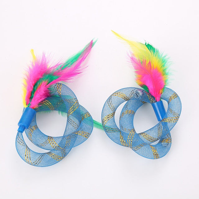 JMT-603722 Cat Toy Thread Tube with Feather - Flexible Hose, Set of 2, Pink & Blue, 19cm Long