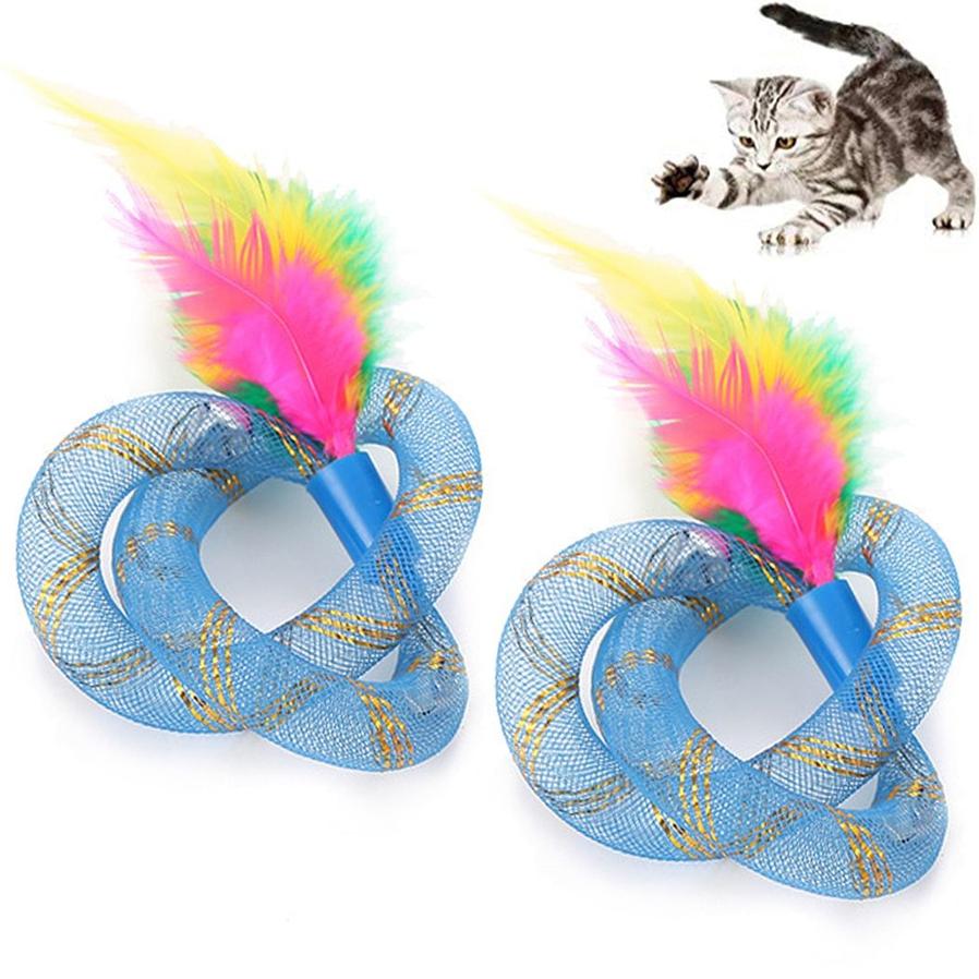 JMT-603722 Cat Toy Thread Tube with Feather - Flexible Hose, Set of 2, Pink & Blue, 19cm Long
