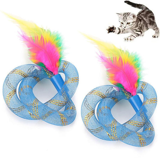 JMT-603722 Cat Toy Thread Tube with Feather - Flexible Hose, Set of 2, Pink & Blue, 19cm Long