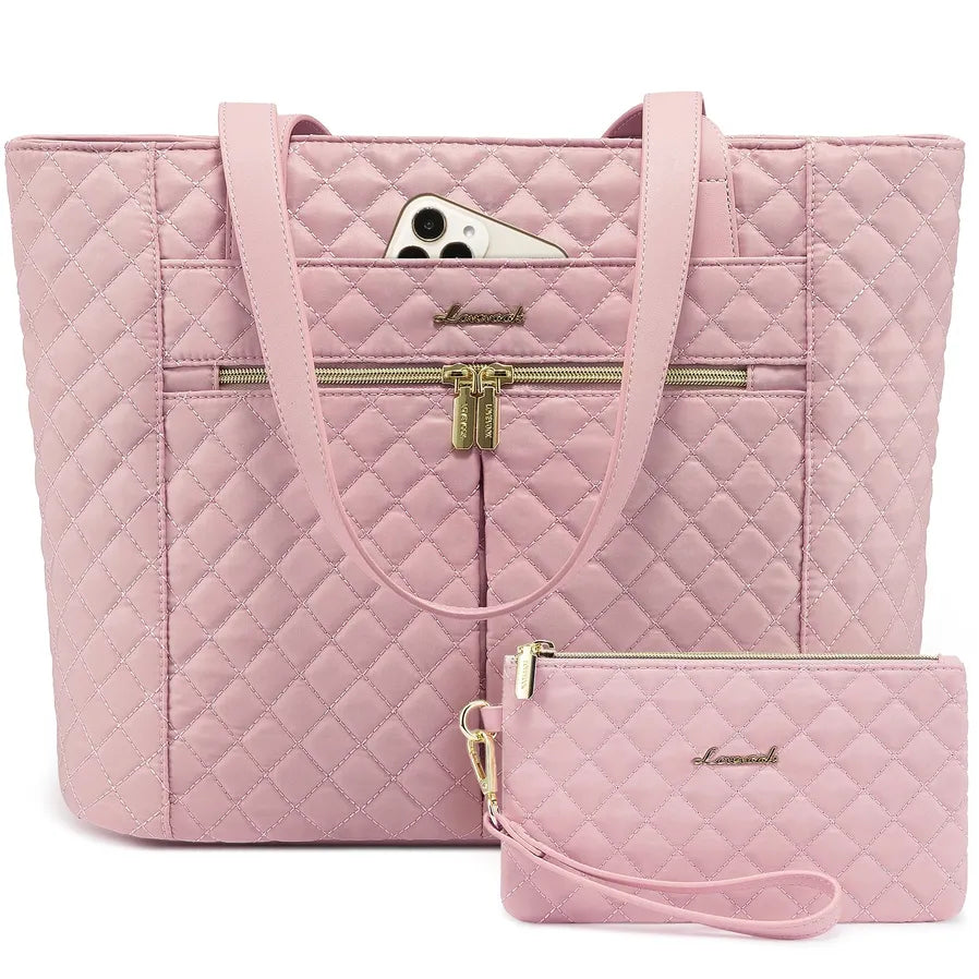 JMT-604554 Quilted Laptop Tote Bag Set with Clutch Purse and Stylish Shoulder Bags for Work or Travel