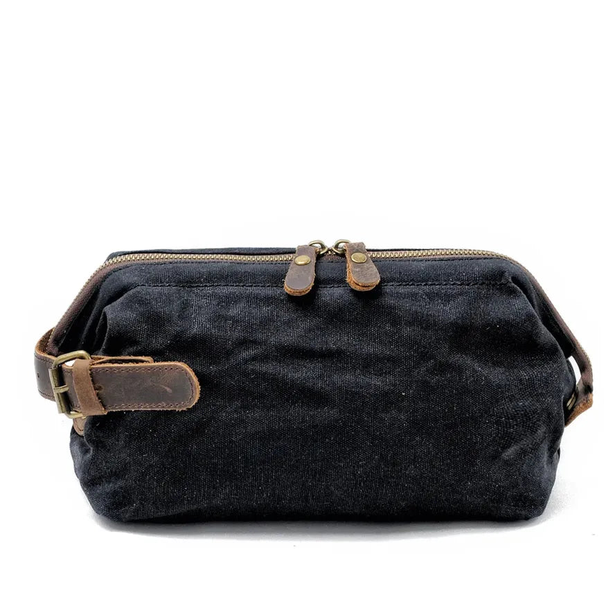 JMT-604618 Waterproof Waxed Canvas Travel Toiletry Bag with Leather Handle for Unisex