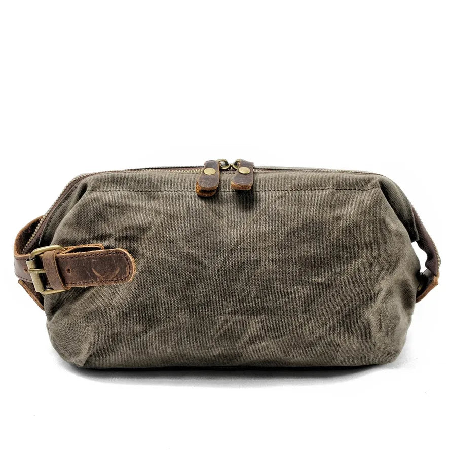 JMT-604618 Waterproof Waxed Canvas Travel Toiletry Bag with Leather Handle for Unisex