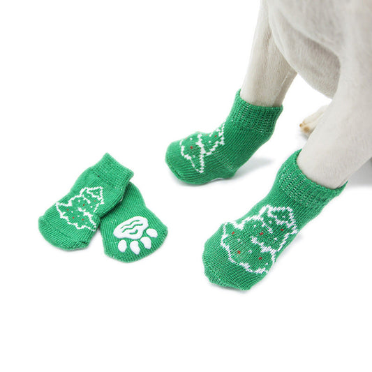 JMT-605194 Non-Slip Cotton Dog Socks with Green Christmas Tree Design for All Seasons