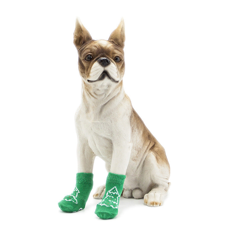 JMT-605194 Non-Slip Cotton Dog Socks with Green Christmas Tree Design for All Seasons