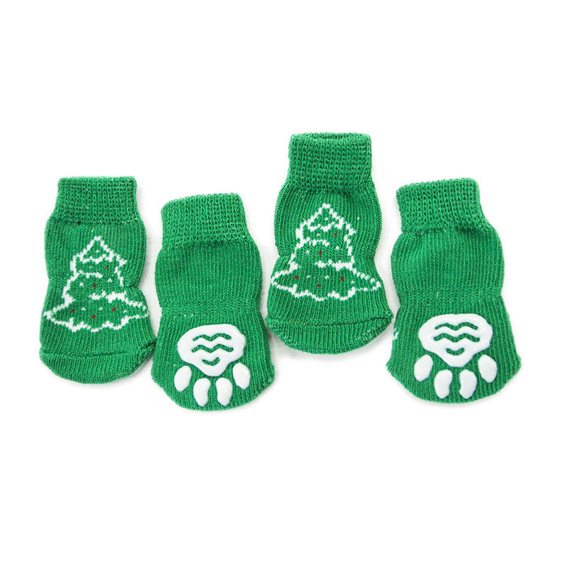 JMT-605194 Non-Slip Cotton Dog Socks with Green Christmas Tree Design for All Seasons