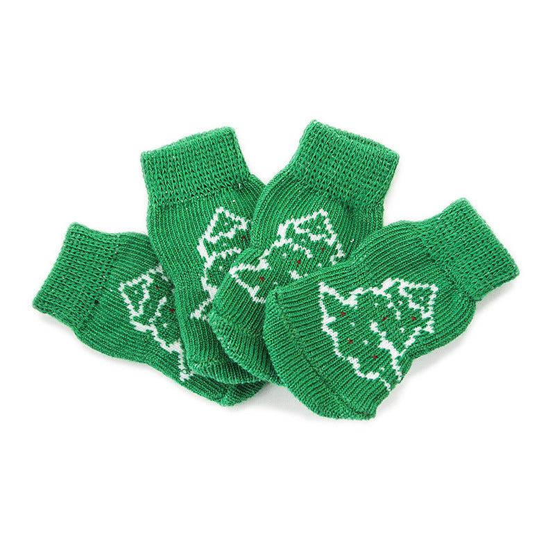 JMT-605194 Non-Slip Cotton Dog Socks with Green Christmas Tree Design for All Seasons