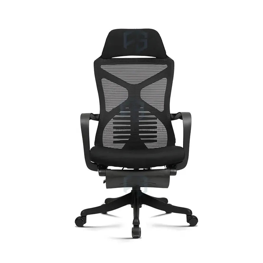 JMT-605642 Reclinable Mesh Office Chair with 360-Degree Swivel, Neck Support, and Foldable Footrest