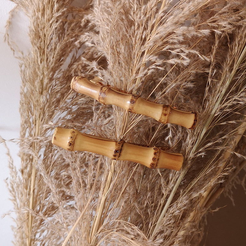 JMT-606410 Bamboo and Wood Hairpin Side Clip with Plaid Pattern in Brown