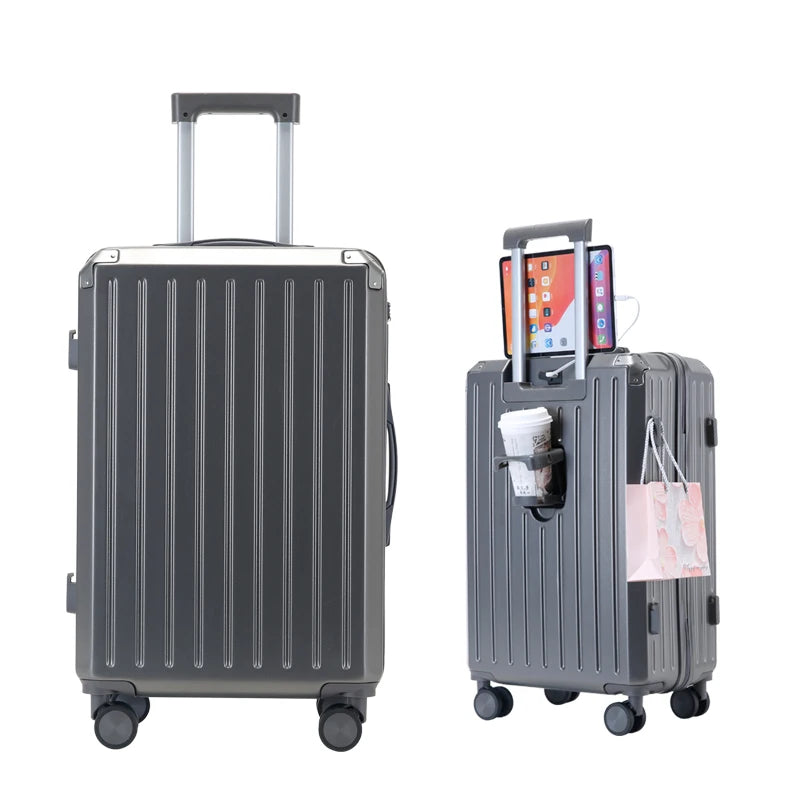 JMT-606602 Large 14-Inch Rolling Tote with Three Compartments and Phone Holder, Part of Four-Piece Luggage Set (14, 20, 24, 28 Inches)