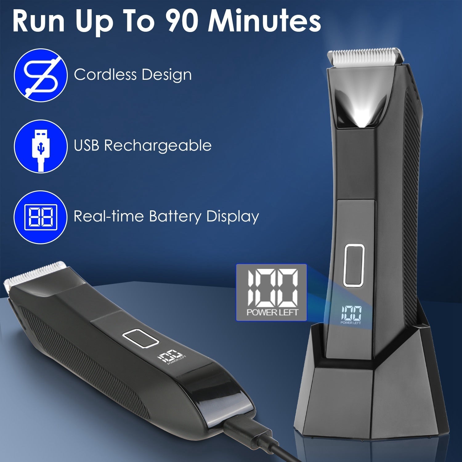 JMT-608010 2 In 1 Cordless Electric Body Trimmer for Men with LED Light and Digital Display, IPX7 Waterproof Razor for Beard, Groin, and Body Hair