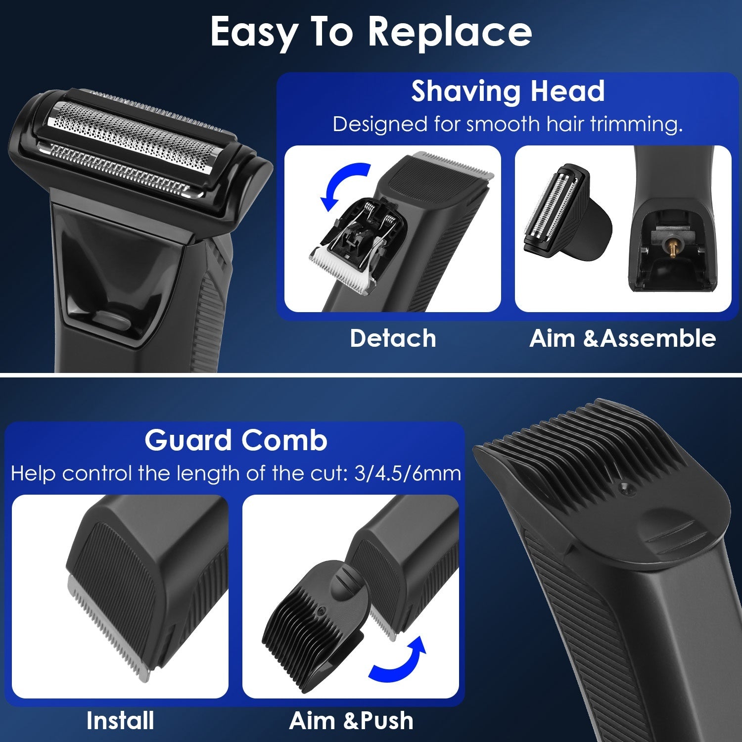 JMT-608010 2 In 1 Cordless Electric Body Trimmer for Men with LED Light and Digital Display, IPX7 Waterproof Razor for Beard, Groin, and Body Hair