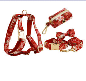 JMT-609994 Floral Design Dog Collar with Alloy Buckle and Leash Set, Includes Bow and Poop Bag