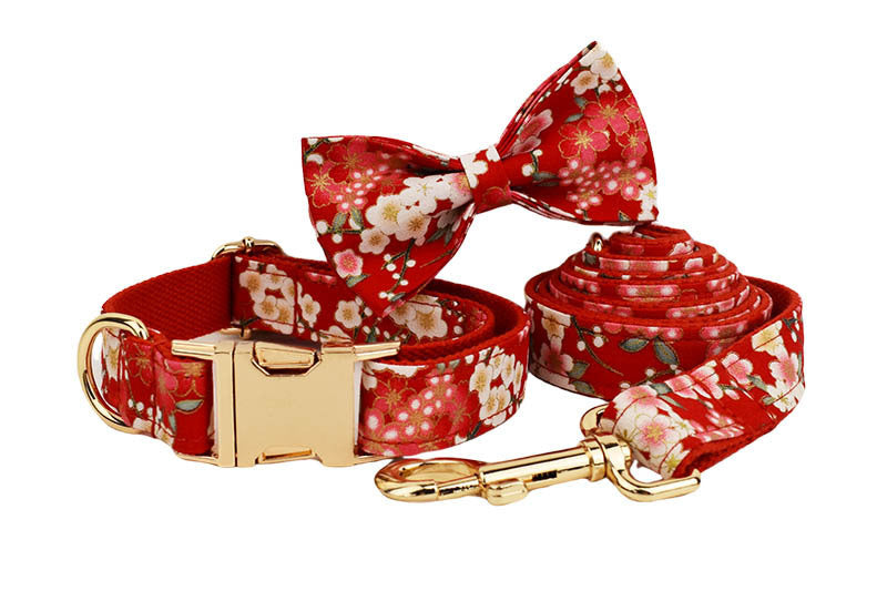 JMT-609994 Floral Design Dog Collar with Alloy Buckle and Leash Set, Includes Bow and Poop Bag
