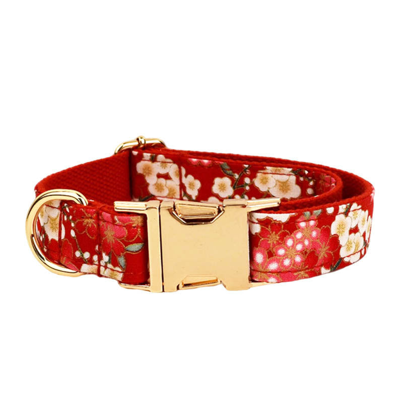 JMT-609994 Floral Design Dog Collar with Alloy Buckle and Leash Set, Includes Bow and Poop Bag