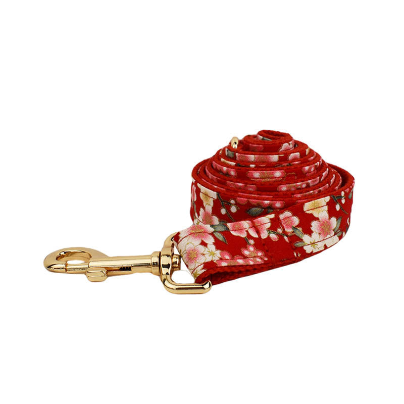 JMT-609994 Floral Design Dog Collar with Alloy Buckle and Leash Set, Includes Bow and Poop Bag