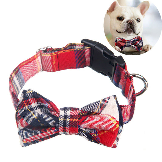 JMT-611146 Pet Bow Collar - Grid Pattern Cloth Accessory for Small to Large Dogs, Size S/M Options Available