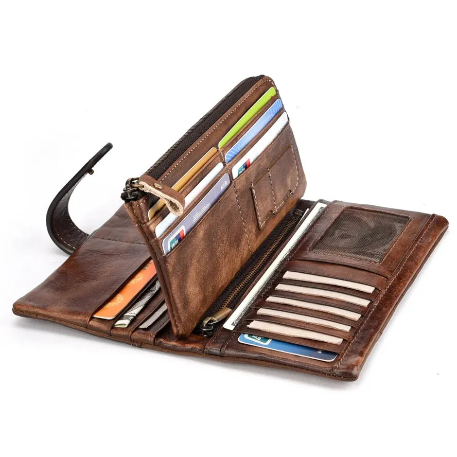 JMT-611850 Retro Leather Wallet with Multi-Card Slots and Snap Closure in Genuine Cowhide