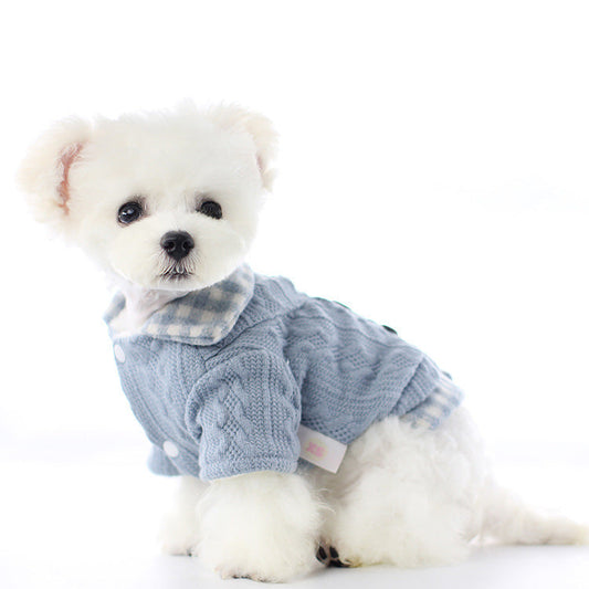 JMT-612106 Cute Two Piece Pet Costume for Small Dogs - Bichon Frise Style in Pink, Blue, and Gray Woolen Plaid