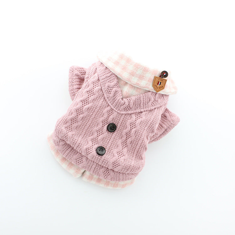 JMT-612106 Cute Two Piece Pet Costume for Small Dogs - Bichon Frise Style in Pink, Blue, and Gray Woolen Plaid