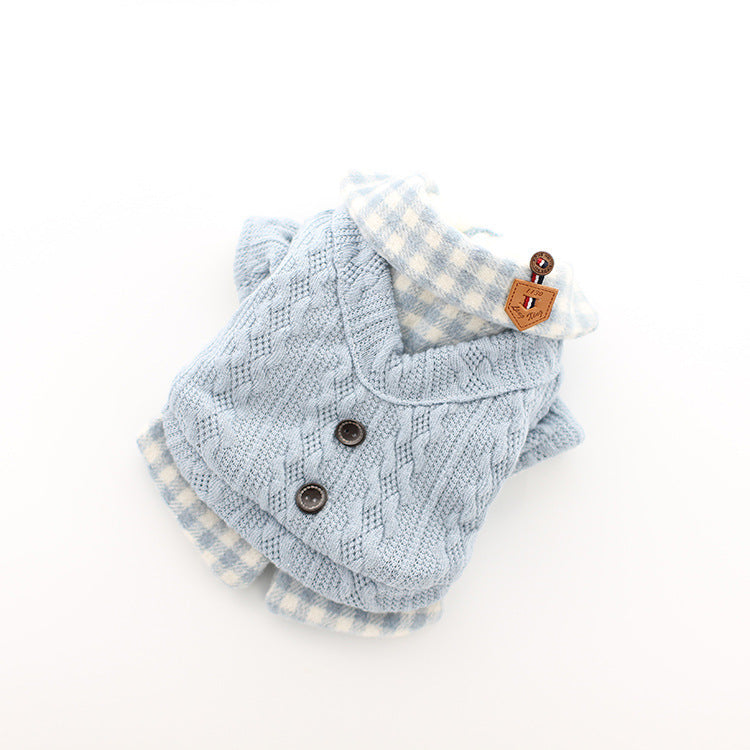 JMT-612106 Cute Two Piece Pet Costume for Small Dogs - Bichon Frise Style in Pink, Blue, and Gray Woolen Plaid
