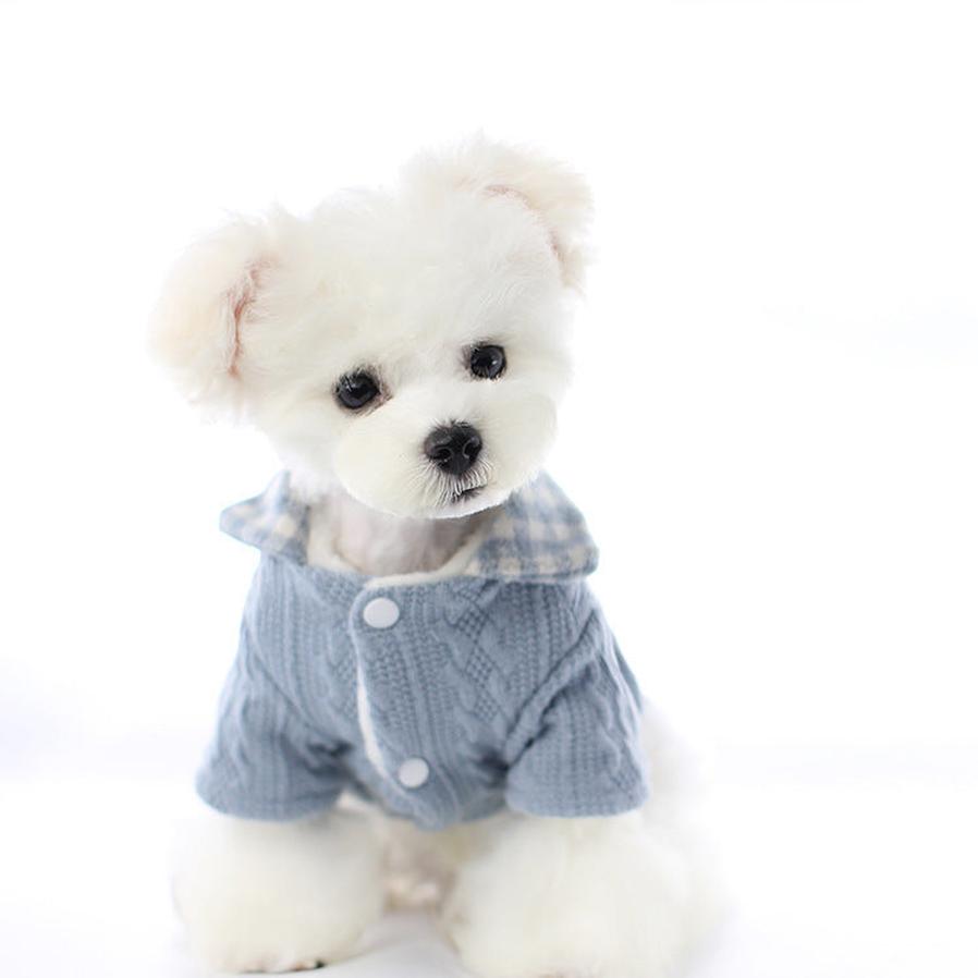 JMT-612106 Cute Two Piece Pet Costume for Small Dogs - Bichon Frise Style in Pink, Blue, and Gray Woolen Plaid