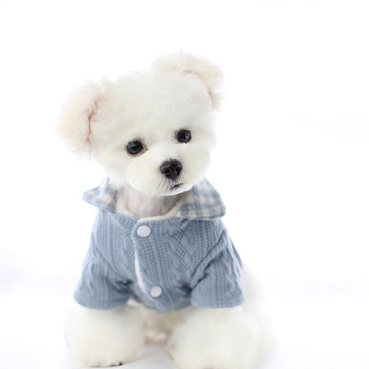 JMT-612106 Cute Two Piece Pet Costume for Small Dogs - Bichon Frise Style in Pink, Blue, and Gray Woolen Plaid