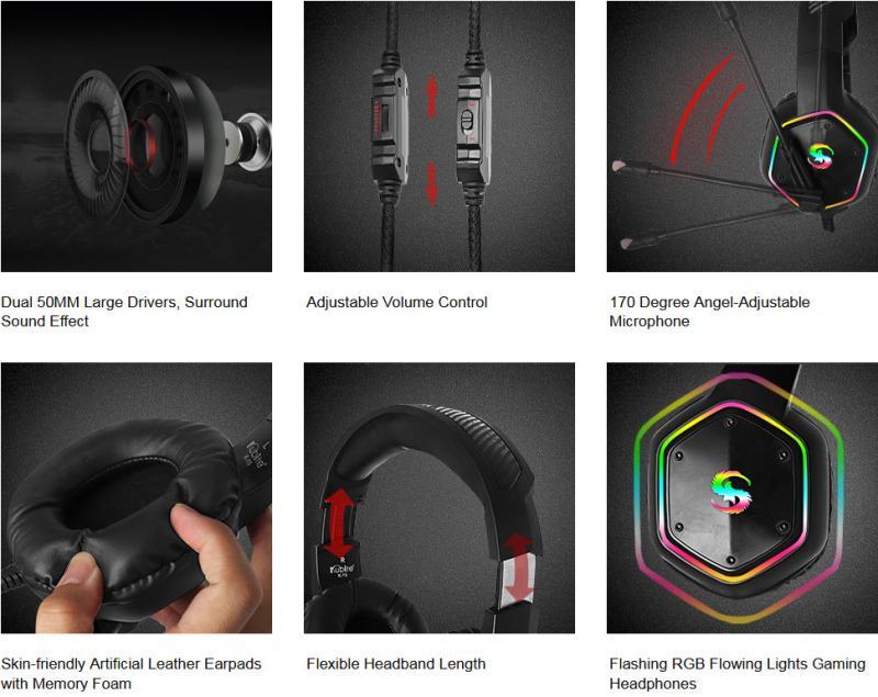 JMT-613130 RGB Lighting Effect Gaming Headset with 7.1 Surround Sound and Omnidirectional Microphone
