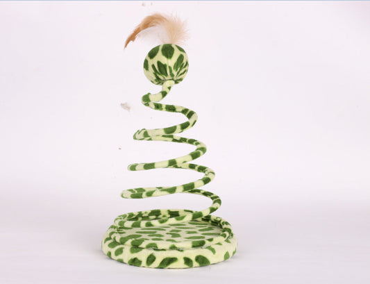 JMT-613450 Plush Spring Snake Cat Toy with Feather and Ball - Leopard Green, 25cm