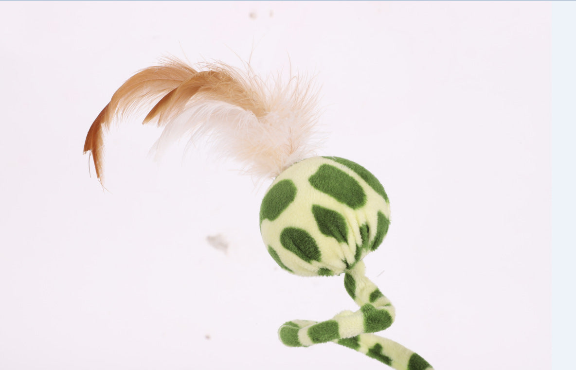JMT-613450 Plush Spring Snake Cat Toy with Feather and Ball - Leopard Green, 25cm