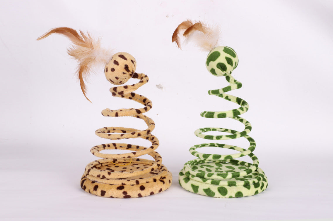 JMT-613450 Plush Spring Snake Cat Toy with Feather and Ball - Leopard Green, 25cm