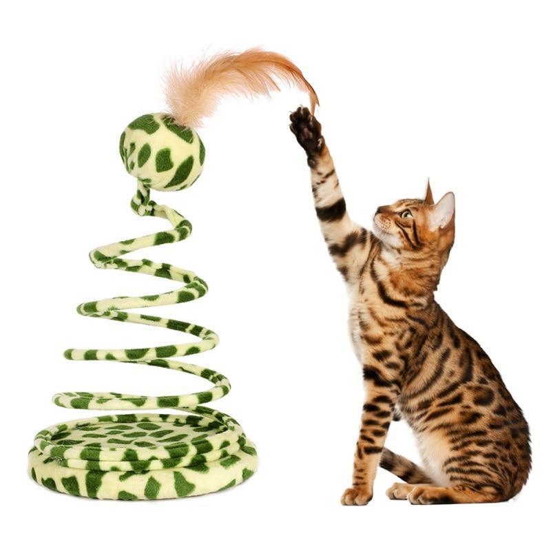 JMT-613450 Plush Spring Snake Cat Toy with Feather and Ball - Leopard Green, 25cm