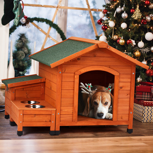 JMT-613642 Spacious Eco-Friendly Fir Wood Cat and Dog House with Food Bowl and Storage Bucket - 88x106x77cm