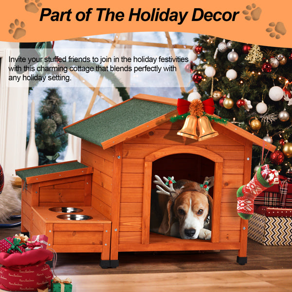 JMT-613642 Spacious Eco-Friendly Fir Wood Cat and Dog House with Food Bowl and Storage Bucket - 88x106x77cm