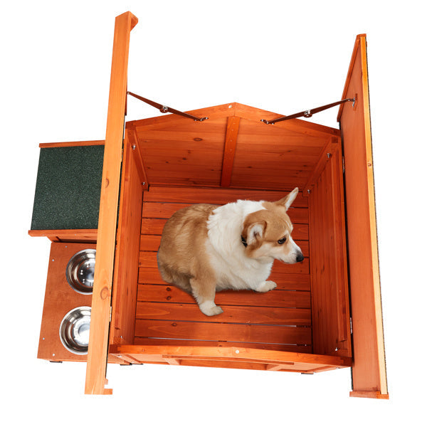 JMT-613642 Spacious Eco-Friendly Fir Wood Cat and Dog House with Food Bowl and Storage Bucket - 88x106x77cm