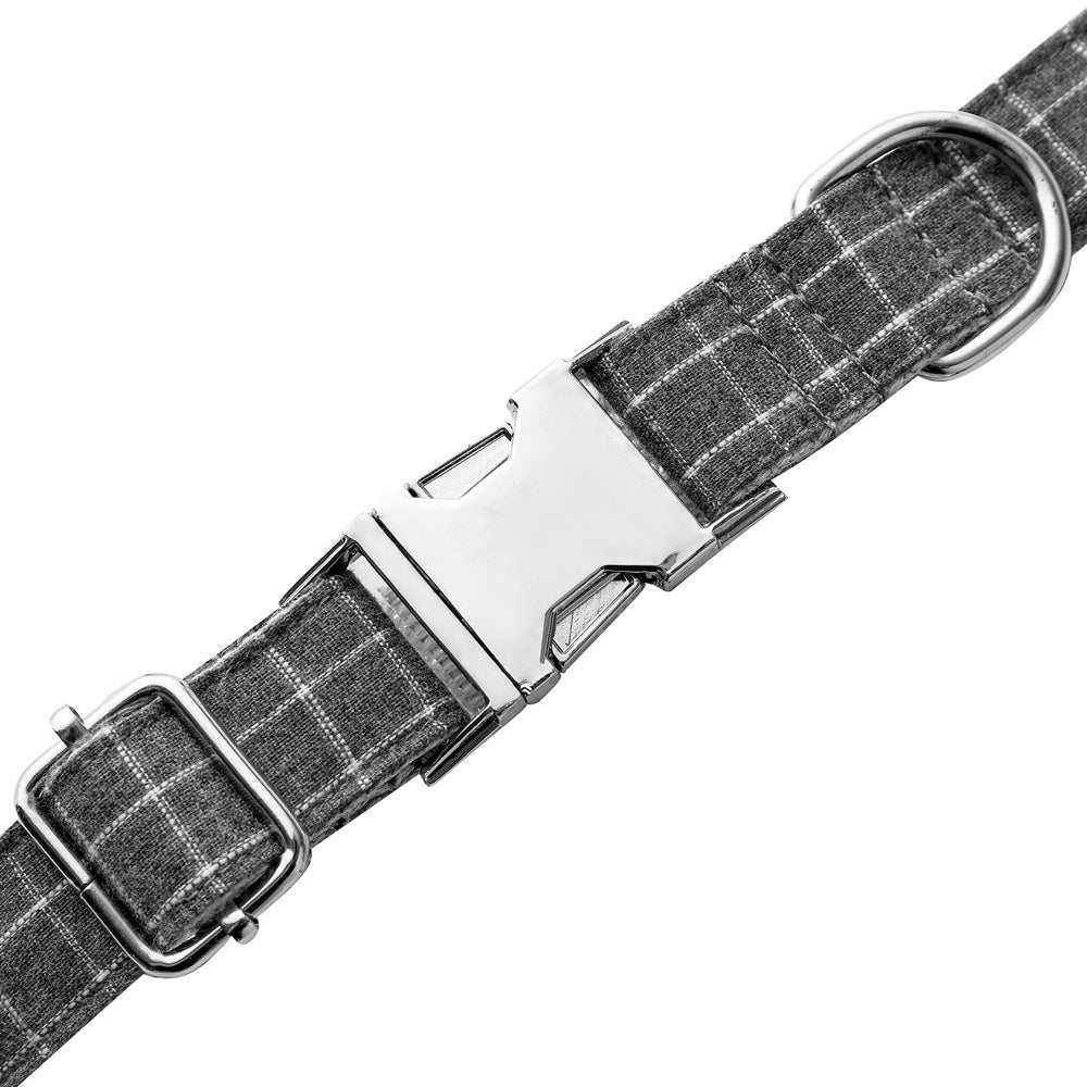 JMT-615434 British Style Plaid Dog Collar with Adjustable Alloy Socket – Available in Black and Gray, Sizes S, M, L