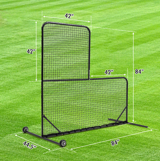 JMT-618314 L-Shaped Baseball Net for Batting Cages with Carry Bag and Wheels, 84’’H x 84’’W with 42’’ x 42’’ Cutouts