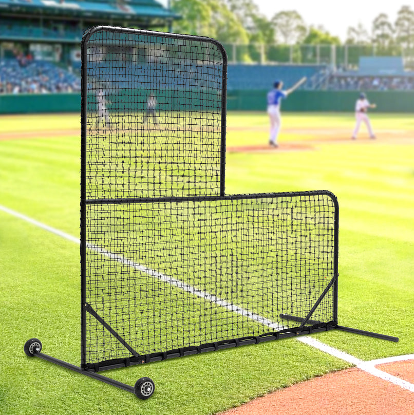 JMT-618314 L-Shaped Baseball Net for Batting Cages with Carry Bag and Wheels, 84’’H x 84’’W with 42’’ x 42’’ Cutouts