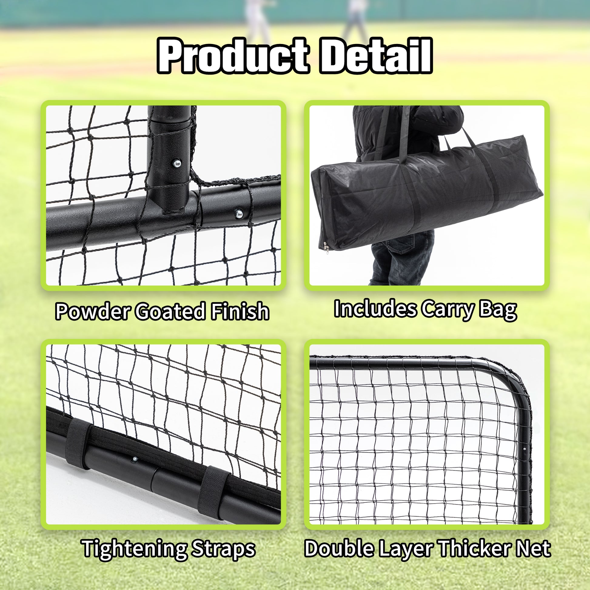 JMT-618314 L-Shaped Baseball Net for Batting Cages with Carry Bag and Wheels, 84’’H x 84’’W with 42’’ x 42’’ Cutouts