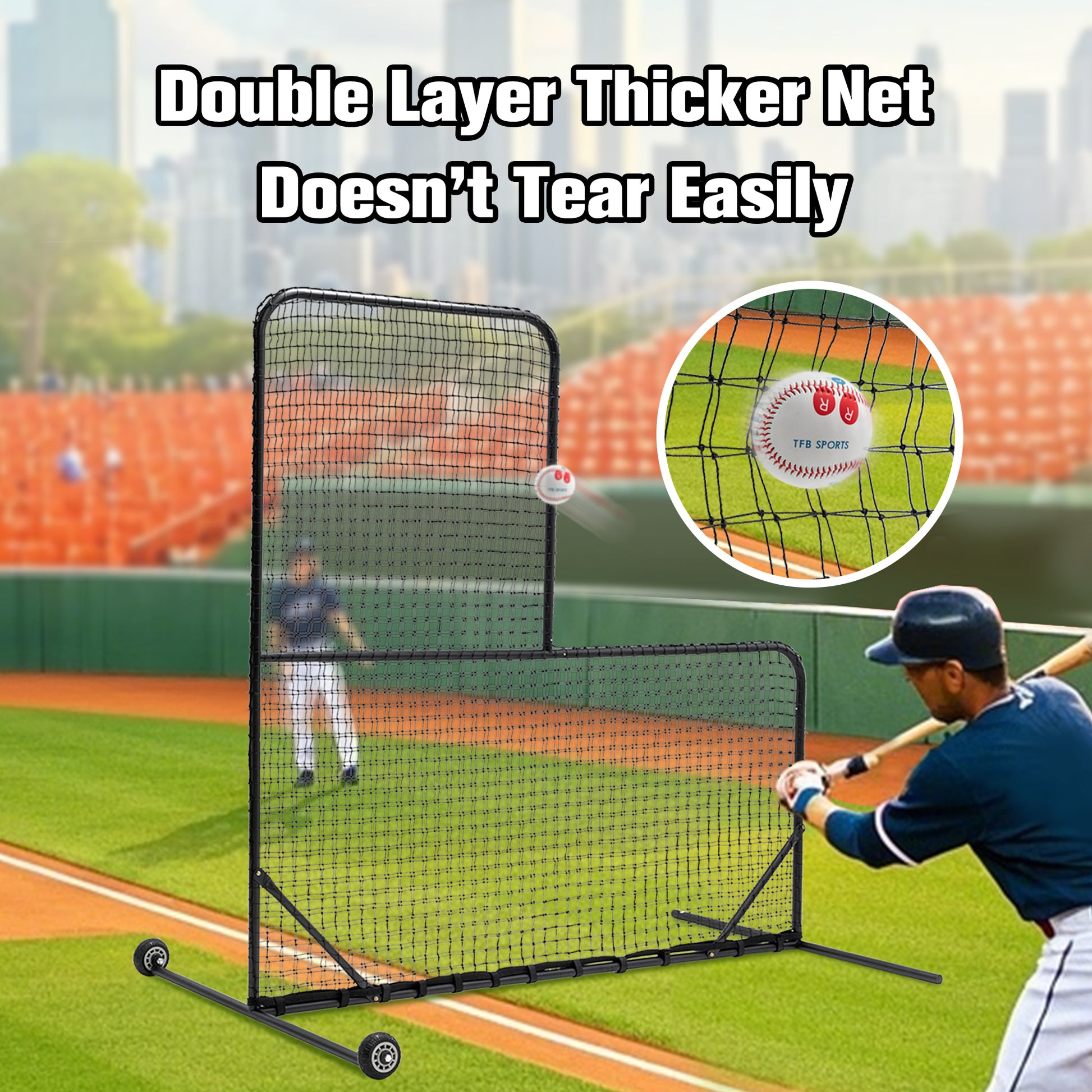 JMT-618314 L-Shaped Baseball Net for Batting Cages with Carry Bag and Wheels, 84’’H x 84’’W with 42’’ x 42’’ Cutouts