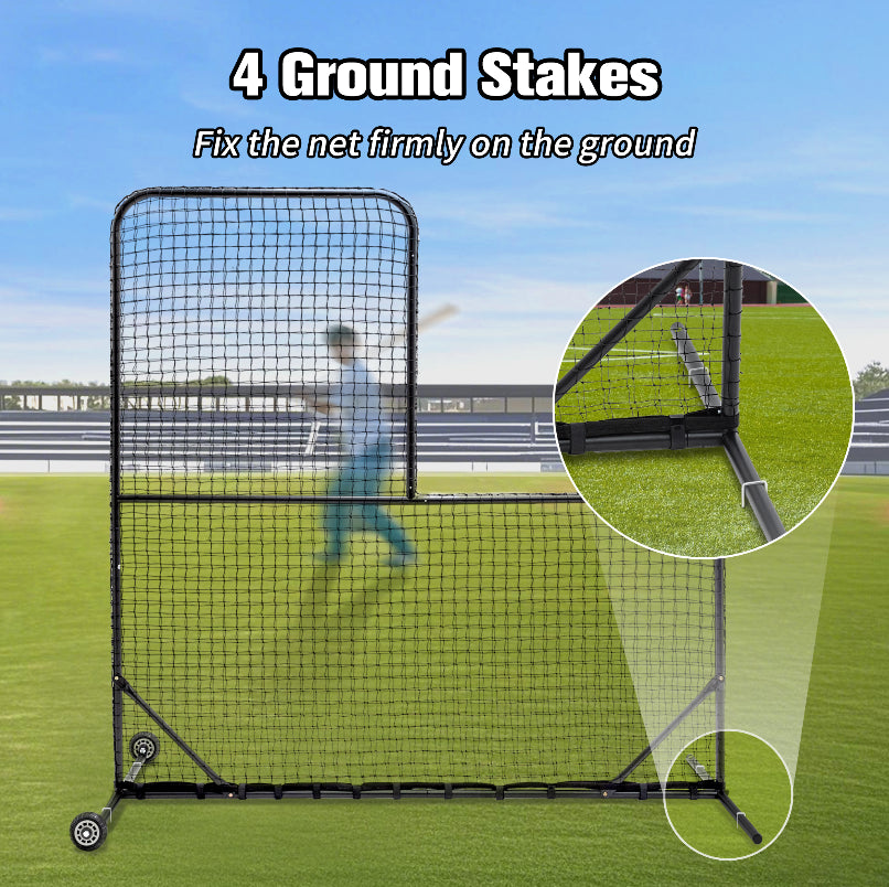 JMT-618314 L-Shaped Baseball Net for Batting Cages with Carry Bag and Wheels, 84’’H x 84’’W with 42’’ x 42’’ Cutouts