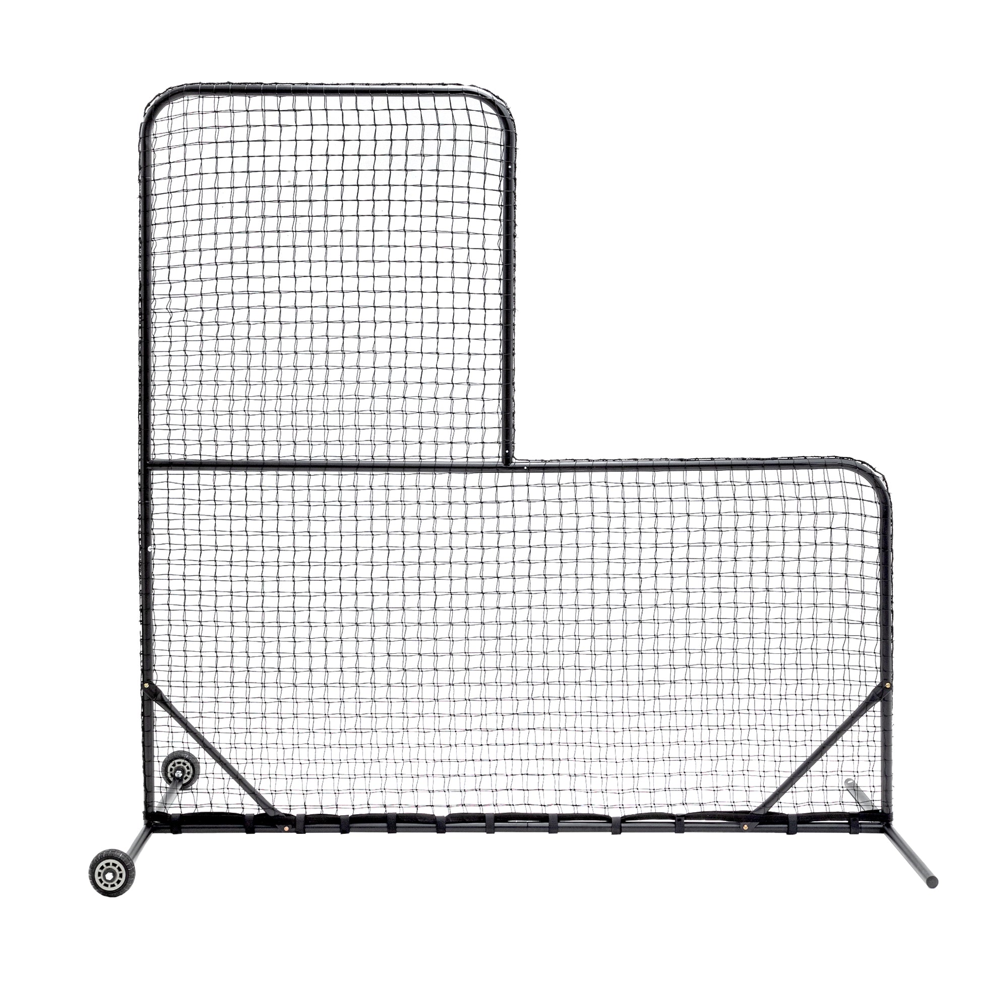 JMT-618314 L-Shaped Baseball Net for Batting Cages with Carry Bag and Wheels, 84’’H x 84’’W with 42’’ x 42’’ Cutouts