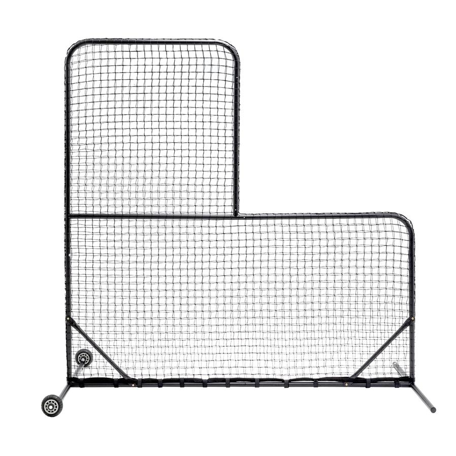 JMT-618314 L-Shaped Baseball Net for Batting Cages with Carry Bag and Wheels, 84’’H x 84’’W with 42’’ x 42’’ Cutouts