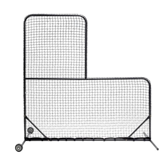 JMT-618314 L-Shaped Baseball Net for Batting Cages with Carry Bag and Wheels, 84’’H x 84’’W with 42’’ x 42’’ Cutouts