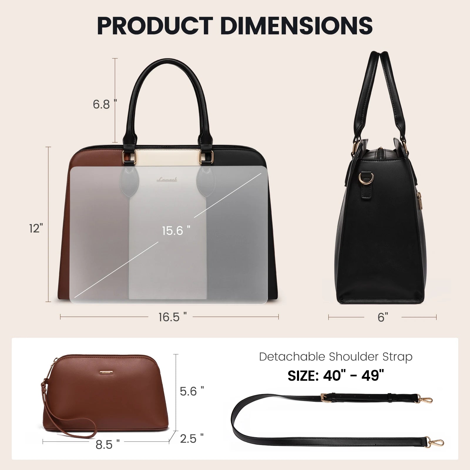 JMT-620362 Elegant Waterproof Laptop Tote Bag for Women, 15.6 Inch Leather Work Briefcase with Spacious Storage