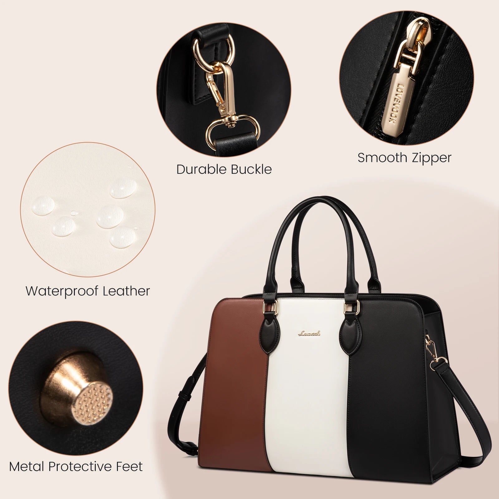 JMT-620362 Elegant Waterproof Laptop Tote Bag for Women, 15.6 Inch Leather Work Briefcase with Spacious Storage