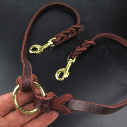 JMT-622026 Cowhide Double Hook Traction Rope for Two Dogs - Durable Leather Design, 70CM Length
