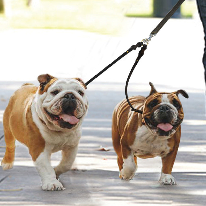 JMT-622026 Cowhide Double Hook Traction Rope for Two Dogs - Durable Leather Design, 70CM Length