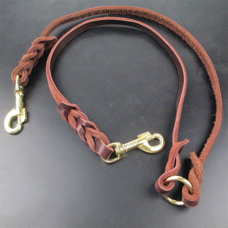 JMT-622026 Cowhide Double Hook Traction Rope for Two Dogs - Durable Leather Design, 70CM Length